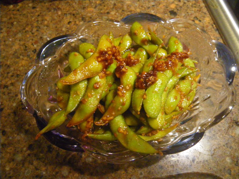 Teriyaki garlic glazed Edamame in a bowl